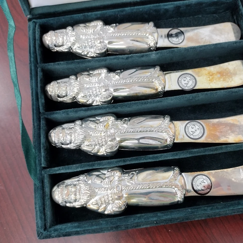 GODINGER Silver Treasures SET OF 4 silverplate Heavy Santa Claus Spreaders